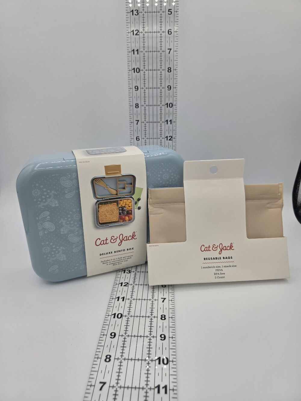 Cat & Jack Deluxe Bento Box Blue Paisley Snap Lid w/ Utensil, Ice Pack, & Bags